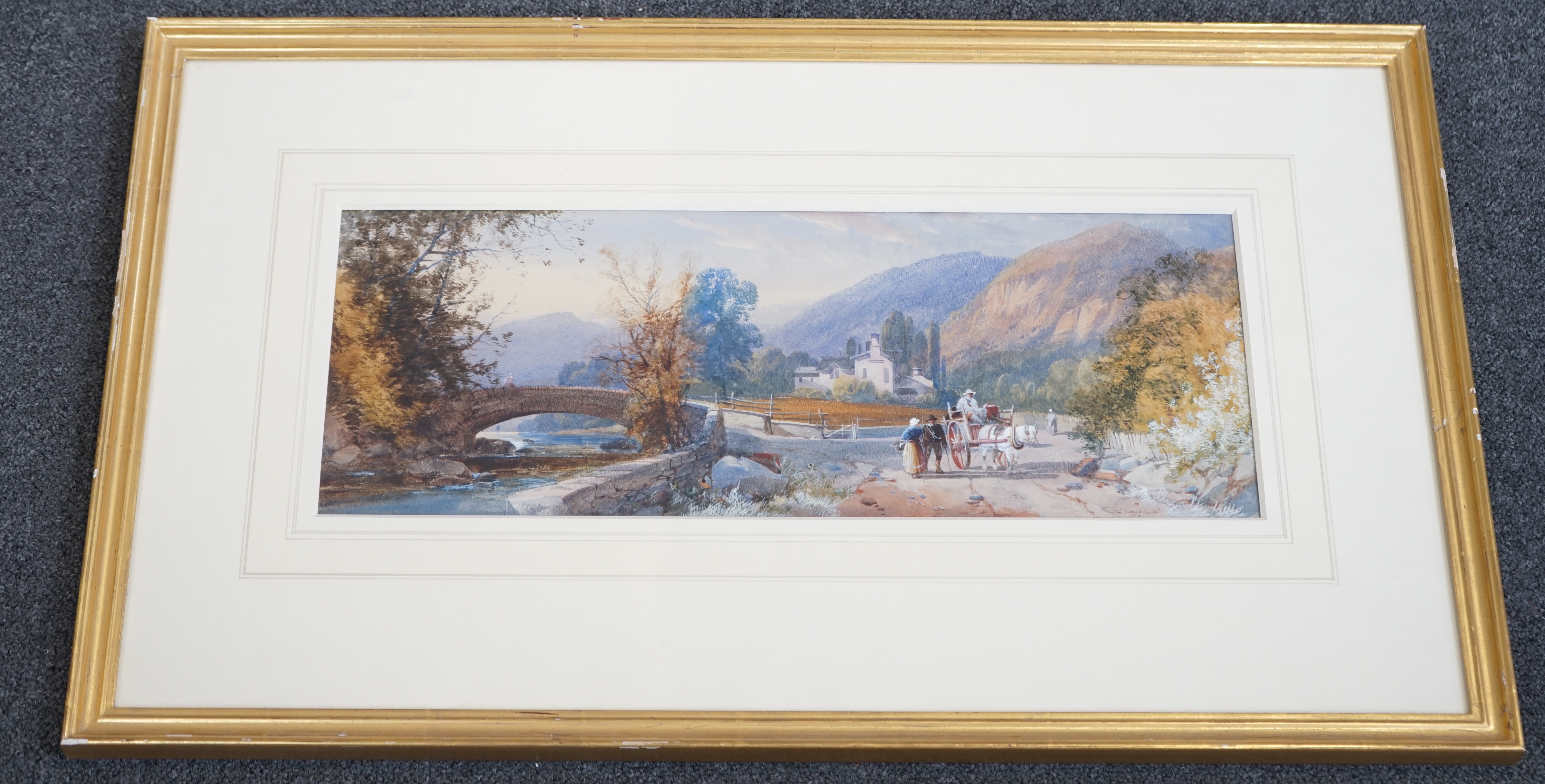 James Burrell Smith (British, 1822-1897), Italian landscape with horse, cart and stone bridge, watercolour, 17 x 47cm